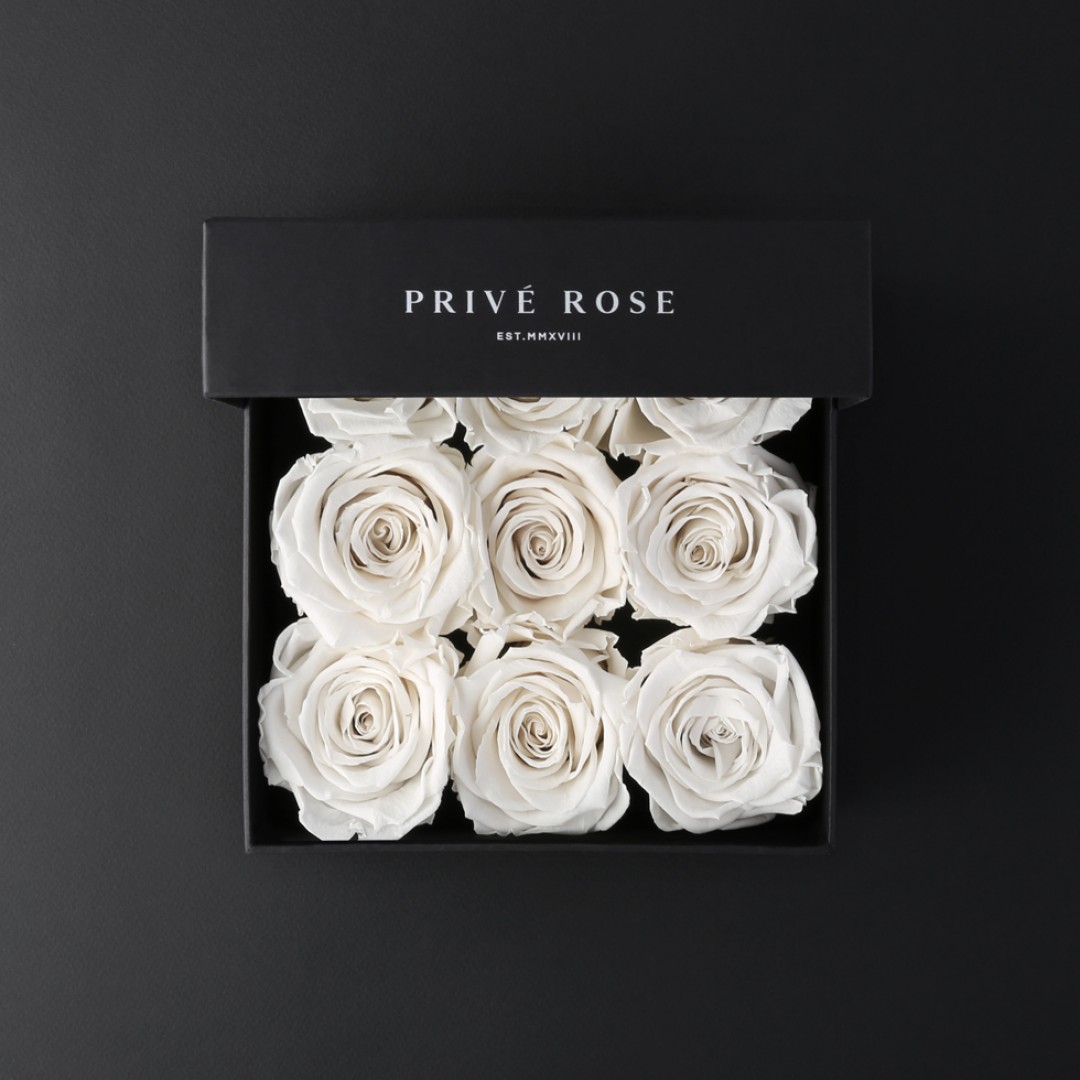بوكس ورد طبيعي دائم أبيض بريفي روز PRW21 - Prive Rose - باقة ورد طبيعي 9 وردات - ROSE بوكس ورد طبيعي دائم أبيض بريفي روز PRW21 - Prive Rose